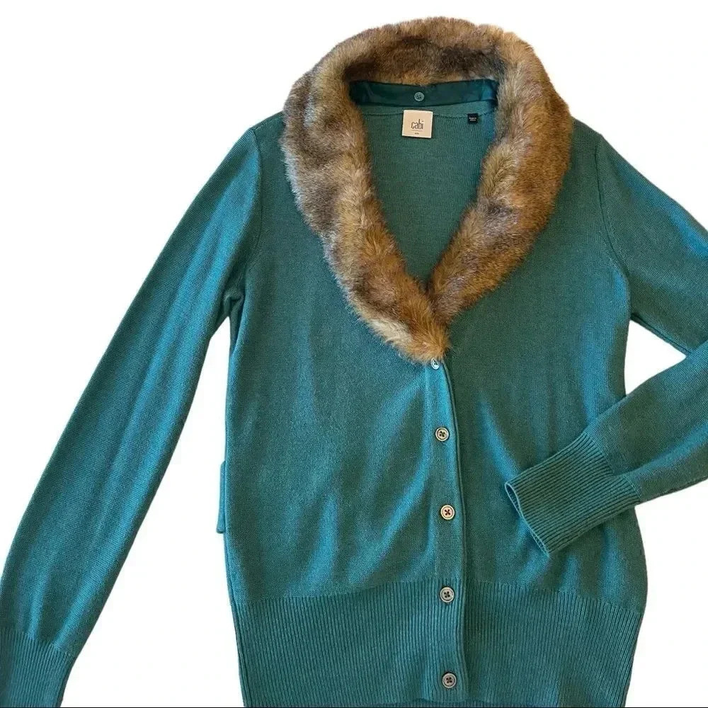 CAbi Faux Fur Detachable Collar Cardigan with Waist Slimming Detail
